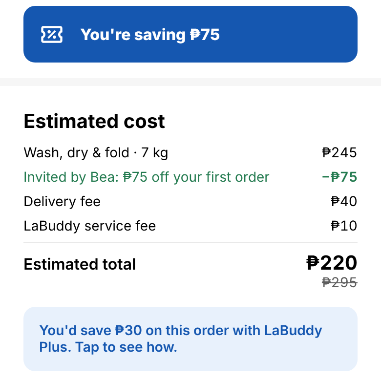LaBuddy checkout showing the friend's discount taken off the total