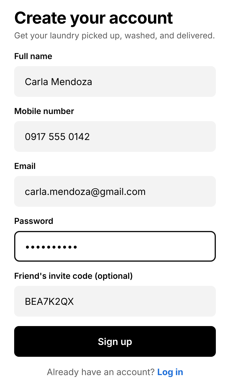 The LaBuddy sign-up screen with a friend's invite code filled in
